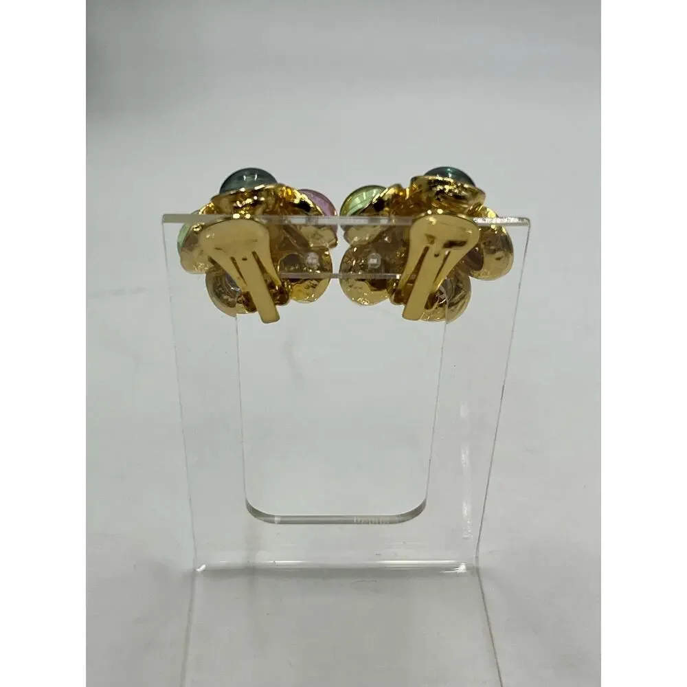 Vintage Pastel Colors Flower Cabochons Moon glow Clip On Gold‎ Tone Earrings